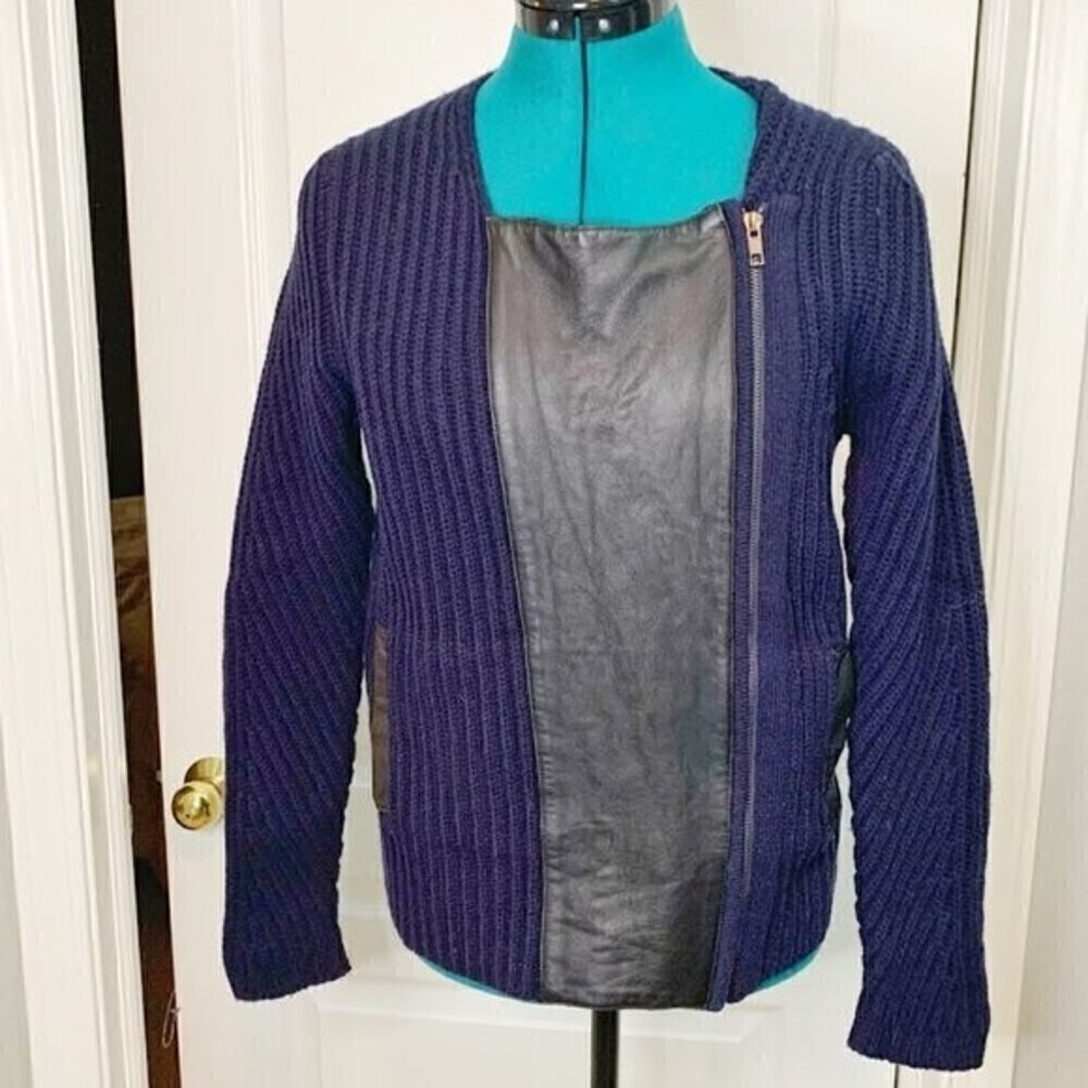 Madewell Wool Asymmetrical Moto Leather Knit Ribbed Full Zip Blue Winter Sweater